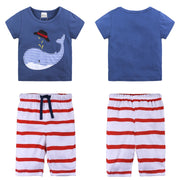 セットアップ 上下セット キッズ ベビー 男の子 子供用 トップス ボトムス Tシャツ 半袖 ラウンドネック ハーフパンツ 半ズボン ボーダー柄 イラスト クジラ 鳥 スター 星 おしゃれ かっこいい お出かけ 普段使い
