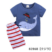 セットアップ 上下セット キッズ ベビー 男の子 子供用 トップス ボトムス Tシャツ 半袖 ラウンドネック ハーフパンツ 半ズボン ボーダー柄 イラスト クジラ 鳥 スター 星 おしゃれ かっこいい お出かけ 普段使い