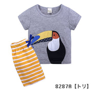 セットアップ 上下セット キッズ ベビー 男の子 子供用 トップス ボトムス Tシャツ 半袖 ラウンドネック ハーフパンツ 半ズボン ボーダー柄 イラスト クジラ 鳥 スター 星 おしゃれ かっこいい お出かけ 普段使い