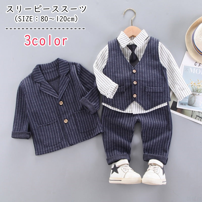 スリーピーススーツ セットアップ 上下セット シングルスーツ シャツ ベスト ジャケット ロングパンツ ネクタイ キッズ ベビー 子ども服 子供服 男の子 女の子 トップス ボトムス 長そで 長袖 襟付き 角襟 総柄 ストライプ しましま フォーマル シック よそ行き 結婚式 入園式 入学式 発表会