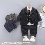 スリーピーススーツ セットアップ 上下セット シングルスーツ シャツ ベスト ジャケット ロングパンツ ネクタイ キッズ ベビー 子ども服 子供服 男の子 女の子 トップス ボトムス 長そで 長袖 襟付き 角襟 総柄 ストライプ しましま フォーマル シック よそ行き 結婚式 入園式 入学式 発表会