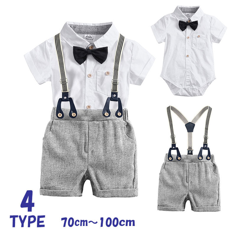 セットアップ 半袖ロンパース ショートパンツ ベビー 赤ちゃん 蝶ネクタイ付き サスペンダー 半袖シャツ ブラウス 無地 シンプル フォーマル おめかし
