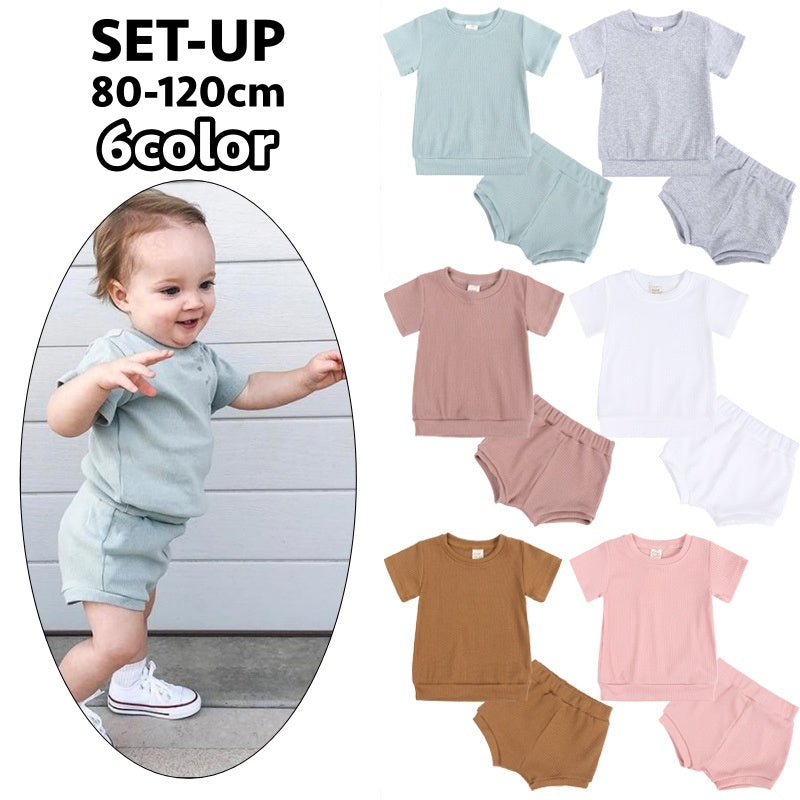 セットアップ 上下 2点セット キッズ ベビー 子供 女の子 男の子 半袖 カットソー Tシャツ ショートパンツ 短パン 無地 シンプル リブ パジャマ ルームウェア 寝間着 寝巻き カジュアル ラウンドネック ウエストゴム プルオーバー トップス ボトムス 子供服