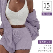 ルームウェア 3点セット レディース 部屋着 ハーフトップ ショートパンツ パーカー 大きいサイズ トップス ボトムス インナー 短パン 羽織り もこもこ 上下セット 可愛い