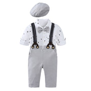 セットアップ 5点セットシャツ風ロンパース 長ズボン サスペンダー 蝶ネクタイ 帽子 ベビー キッズ 男の子 子供服 長袖 前開き ロングパンツ ハンチング帽 ボディスーツ 股下ボタン フォーマル かっこいい