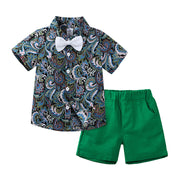 子供服 上下セット 柄シャツ ショートパンツ キッズ ベビー 蝶ネクタイ付 半袖 ハワイアン風 プリントシャツ 短パン ウエストゴム サイドポケット ボタニカル ペイズリー