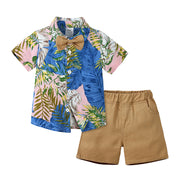 子供服 上下セット 柄シャツ ショートパンツ キッズ ベビー 蝶ネクタイ付 半袖 ハワイアン風 プリントシャツ 短パン ウエストゴム サイドポケット ボタニカル ペイズリー