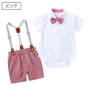 セットアップ 子供服 ベビー キッズ 男の子 半袖シャツ ロンパース 半ズボン サスペンダー 蝶ネクタイ 股下スナップ ショートパンツ フォーマル パーティー 結婚式 お出かけ イベント 写真撮影 おしゃれ かわいい 赤ちゃん 乳児 幼児 子ども こども