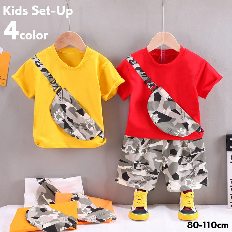 セットアップ 上下セット Tシャツ 半ズボン 2点セット キッズ 子供服 ベビー 男の子 女の子 ユニセックス 半袖 ラウンドネック カットソー ポケット付き ボディバッグ風 迷彩 カモフラ 宇宙飛行士 ウエストゴム 短パン ハーフパンツ カジュアル かっこいい かわいい 個性的 おしゃれ お出かけ 通学 通園 着回し ヘビロテ 橙 白 黄 赤