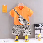 セットアップ 上下セット Tシャツ 半ズボン 2点セット キッズ 子供服 ベビー 男の子 女の子 ユニセックス 半袖 ラウンドネック カットソー ポケット付き ボディバッグ風 迷彩 カモフラ 宇宙飛行士 ウエストゴム 短パン ハーフパンツ カジュアル かっこいい かわいい 個性的 おしゃれ お出かけ 通学 通園 着回し ヘビロテ 橙 白 黄 赤