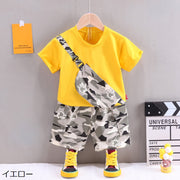 セットアップ 上下セット Tシャツ 半ズボン 2点セット キッズ 子供服 ベビー 男の子 女の子 ユニセックス 半袖 ラウンドネック カットソー ポケット付き ボディバッグ風 迷彩 カモフラ 宇宙飛行士 ウエストゴム 短パン ハーフパンツ カジュアル かっこいい かわいい 個性的 おしゃれ お出かけ 通学 通園 着回し ヘビロテ 橙 白 黄 赤
