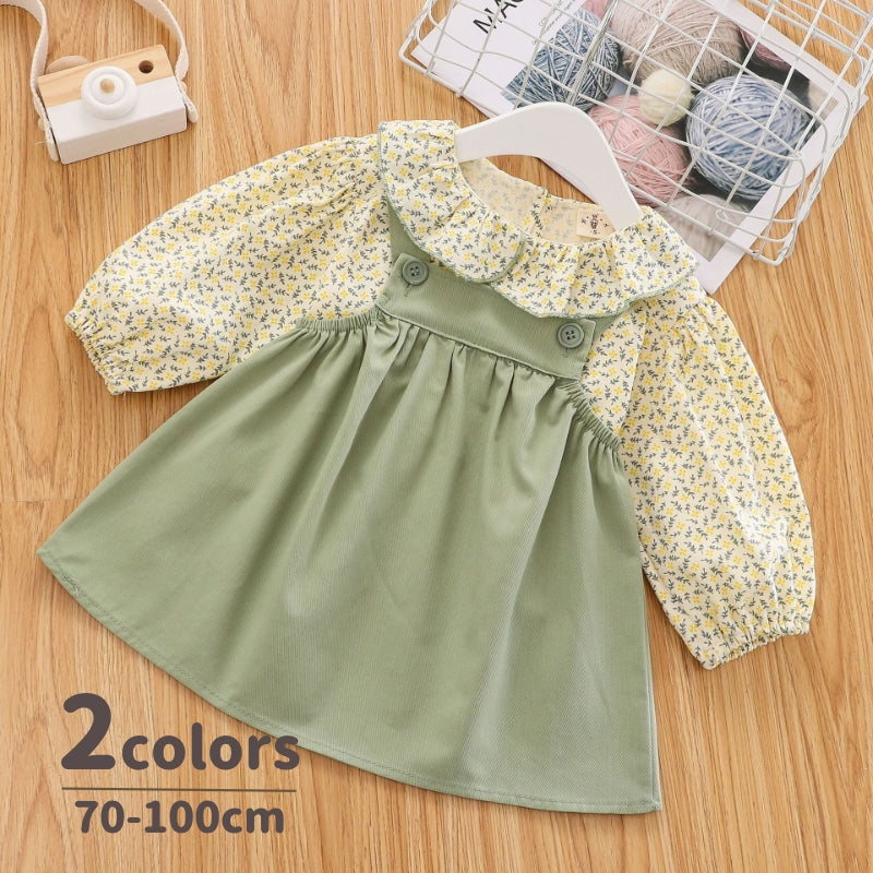 セットアップ 2点セット サロペットスカート ブラウスキッズ 子供服 ベビー 女の子 長袖 パフスリーブ トップス ボトムス 花柄 かわいい おしゃれ