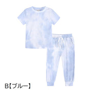 パジャマ 上下セット 半袖 長ズボン 子供服 キッズ ジュニア ベビー 女の子 男の子 ルームウェア 部屋着 寝間着 プルオーバー Tシャツ ラウンドネック 裾リブ トップス ボトムス 寝巻き 染物風 カラフル おしゃれ 女子 男子 こども服