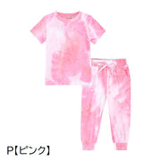 パジャマ 上下セット 半袖 長ズボン 子供服 キッズ ジュニア ベビー 女の子 男の子 ルームウェア 部屋着 寝間着 プルオーバー Tシャツ ラウンドネック 裾リブ トップス ボトムス 寝巻き 染物風 カラフル おしゃれ 女子 男子 こども服