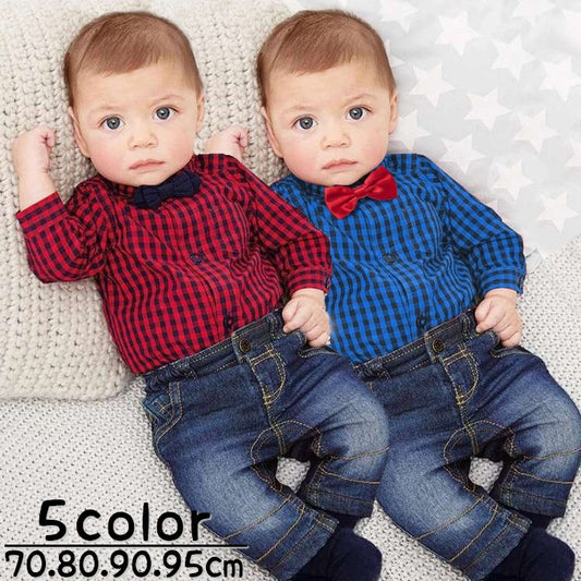 3点セット 長袖ロンパース 前ボタン デニムパンツ 蝶ネクタイ ロングパンツ 商品画像