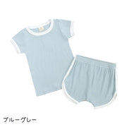 ルームウェア パジャマ 部屋着 上下セット 2点セット キッズ 子供服 男女兼用 男の子 女の子 半袖 ラウンドネック リブ生地 薄手 ショートパンツ 短パン 半ズボン 運動 スポーツ 伸縮性 無地 シンプル カジュアル かわいい 青 緑 橙 ワイン 灰 青 茶 黄 紫