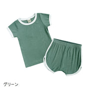 ルームウェア パジャマ 部屋着 上下セット 2点セット キッズ 子供服 男女兼用 男の子 女の子 半袖 ラウンドネック リブ生地 薄手 ショートパンツ 短パン 半ズボン 運動 スポーツ 伸縮性 無地 シンプル カジュアル かわいい 青 緑 橙 ワイン 灰 青 茶 黄 紫