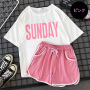 半袖Tシャツ ショートパンツ セットアップ 上下セット レディース トップス ボトムス 夏 ラウンドネック ショーパン ロゴ スポーティ カジュアル
