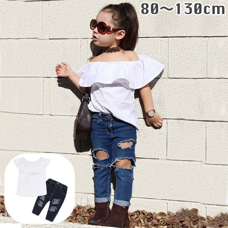 セットアップ 上下セット キッズ ベビー 子供用 女の子 トップス ボトムス オフショルダー ロングパンツ デニム ダメージ シンプル 無地 長ズボン お洒落 かわいい お出かけシーン 普段使い