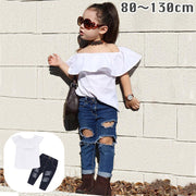セットアップ 上下セット キッズ ベビー 子供用 女の子 トップス ボトムス オフショルダー ロングパンツ デニム ダメージ シンプル 無地 長ズボン お洒落 かわいい お出かけシーン 普段使い