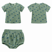 セットアップ 上下セット 2点セット ベビー キッズ 子供用 女の子 男の子 カットソー Tシャツ 半袖 ショートパンツ 短パン ラウンドネック 丸首 ボタン ウエストゴム 動物 果物 恐竜 トリ かわいい おしゃれ