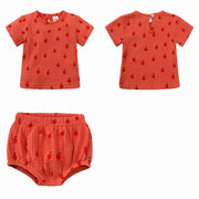 セットアップ 上下セット 2点セット ベビー キッズ 子供用 女の子 男の子 カットソー Tシャツ 半袖 ショートパンツ 短パン ラウンドネック 丸首 ボタン ウエストゴム 動物 果物 恐竜 トリ かわいい おしゃれ
