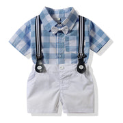セットアップ 半袖シャツ 半ズボン 上下2点セット 子供服 サスペンダー 吊りズボン 蝶ネクタイ スタンダードカラー トップス ボトムス ベビー キッズ 男の子 男児 子供用 胸ポケット チェック柄 おしゃれ カッコいい 70 80 90 95 100