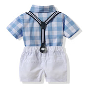 セットアップ 半袖シャツ 半ズボン 上下2点セット 子供服 サスペンダー 吊りズボン 蝶ネクタイ スタンダードカラー トップス ボトムス ベビー キッズ 男の子 男児 子供用 胸ポケット チェック柄 おしゃれ カッコいい 70 80 90 95 100
