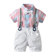 セットアップ 半袖シャツ 半ズボン 上下2点セット 子供服 サスペンダー 吊りズボン 蝶ネクタイ スタンダードカラー トップス ボトムス ベビー キッズ 男の子 男児 子供用 胸ポケット チェック柄 おしゃれ カッコいい 70 80 90 95 100