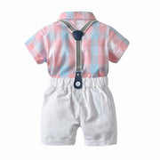 セットアップ 半袖シャツ 半ズボン 上下2点セット 子供服 サスペンダー 吊りズボン 蝶ネクタイ スタンダードカラー トップス ボトムス ベビー キッズ 男の子 男児 子供用 胸ポケット チェック柄 おしゃれ カッコいい 70 80 90 95 100