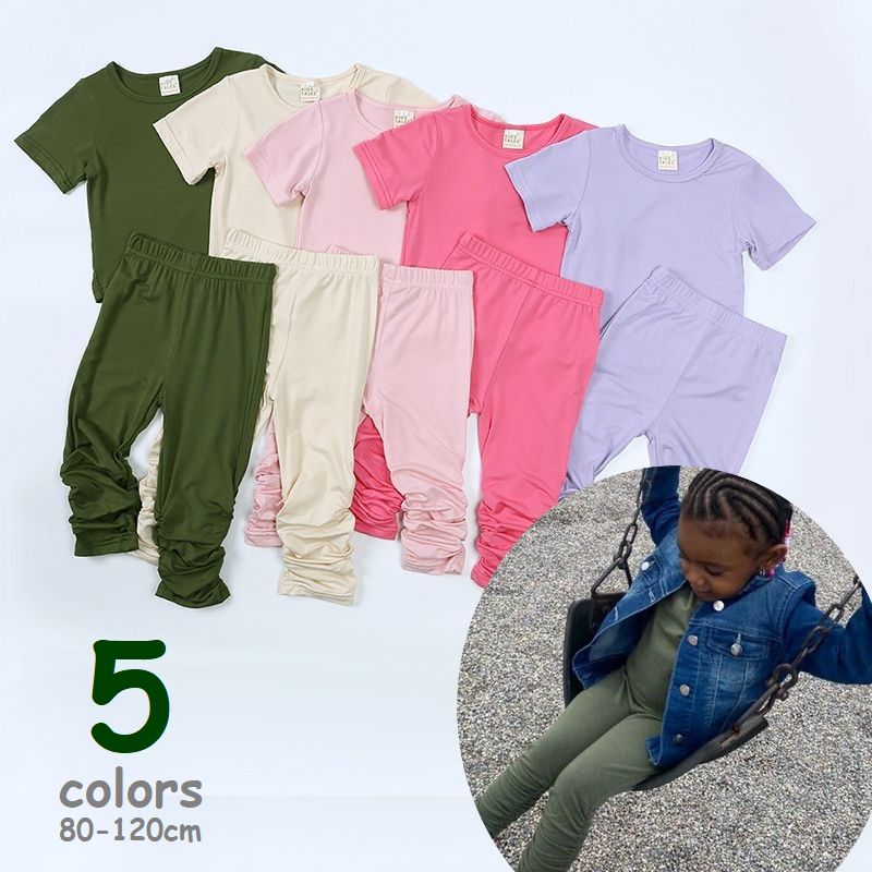 子供服 セットアップ Tシャツ レギンス 上下セット キッズ ベビー 女の子 男の子 半袖トップス ギャザリングパンツ 無地 ルームウエア 春夏 カジュアル ラウンドネック シャーリング 長ズボン