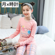 パジャマ セットアップ ジュニア 長袖 長ズボン 男の子 女の子 子供用 上下セット ラウンドネック ルームウェア プリント柄 ボーダー 丸首 プルオーバー 動物 猫 可愛い おしゃれ
