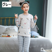 パジャマ セットアップ ジュニア 長袖 長ズボン 男の子 女の子 子供用 上下セット ラウンドネック ルームウェア プリント柄 ボーダー 丸首 プルオーバー 動物 猫 可愛い おしゃれ
