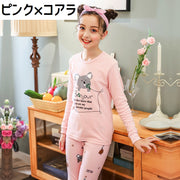 パジャマ セットアップ ジュニア 長袖 長ズボン 男の子 女の子 子供用 上下セット ラウンドネック ルームウェア プリント柄 ボーダー 丸首 プルオーバー 動物 猫 可愛い おしゃれ