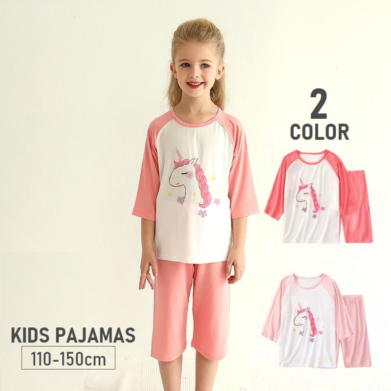 パジャマ 上下セット ルームウェア 子供服 キッズ ジュニア 女の子 寝間着 部屋着 七分袖 ハーフパンツ 短パン プルオーバー ラグランスリーブ ラウンドネック トップス ボトムス ウエストゴム ナイトウェア ユニコーン プリント 可愛い 室内着 寝巻き 女児 こども服