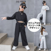 セットアップ 上下 子供服 長袖トレーナー ショート丈 ワイドパンツ 長ズボン キッズ 女の子 スウェット ゆったり カジュアル 部屋着 ルームウェア トップス プルオーバー ボトムス ロングパンツ ガウチョパンツ スカンツ スカーチョ 9分丈 丸首 ウエストゴム ポケット 無地 シンプル おしゃれ ストリート ヒップホップ ダンス 子ども こども ジュニア 幼児 男の子 春秋