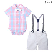 セットアップ 上下セット ロンパース カジュアルシャツ 半ズボン ハーフパンツ ショートパンツ ベビー 赤ちゃん 男の子 女の子 トップス ボトムス 蝶ネクタイ 半袖 前ボタン スナップボタン サスペンダー付き 総柄 チェック ストライプ カラフル ホワイト ブルー ライトフォーマル よそ行き カジュアル かわいい キュート 出産祝い プレゼント ギフト