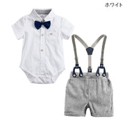 セットアップ 上下セット ロンパース カジュアルシャツ 半ズボン ハーフパンツ ショートパンツ ベビー 赤ちゃん 男の子 女の子 トップス ボトムス 蝶ネクタイ 半袖 前ボタン スナップボタン サスペンダー付き 総柄 チェック ストライプ カラフル ホワイト ブルー ライトフォーマル よそ行き カジュアル かわいい キュート 出産祝い プレゼント ギフト