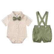 セットアップ 2点セット ロンパース ショートパンツ サスペンダー 蝶ネクタイ 襟付き ベビー キッズ 男の子 子供服 前開き ボディスーツ ボタン