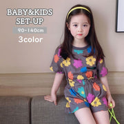 セットアップ 上下 2点セット キッズ ベビー 子供用 女の子 トップス ボトムス Tシャツ 半袖 ラウンドネック ショートパンツ ハーフパンツ ウエストゴム フリル フラワー お洒落 かわいい お出かけ 普段着 部屋着 普段使い 女児 子供服