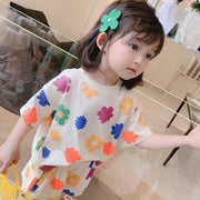 セットアップ 上下 2点セット キッズ ベビー 子供用 女の子 トップス ボトムス Tシャツ 半袖 ラウンドネック ショートパンツ ハーフパンツ ウエストゴム フリル フラワー お洒落 かわいい お出かけ 普段着 部屋着 普段使い 女児 子供服