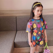 セットアップ 上下 2点セット キッズ ベビー 子供用 女の子 トップス ボトムス Tシャツ 半袖 ラウンドネック ショートパンツ ハーフパンツ ウエストゴム フリル フラワー お洒落 かわいい お出かけ 普段着 部屋着 普段使い 女児 子供服