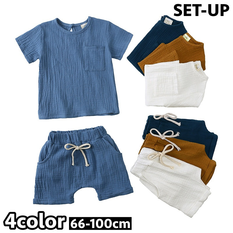 セットアップ 上下 2点セット ベビー キッズ 子供 女の子 男の子 半袖 カットソー Tシャツ ショートパンツ 短パン 胸ポケット バックボタン 無地 シンプル パジャマ ルームウェア 寝間着 寝巻き カジュアル ラウンドネック ウエストゴム プルオーバー トップス ボトムス 子供服