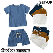 セットアップ 上下 2点セット ベビー キッズ 子供 女の子 男の子 半袖 カットソー Tシャツ ショートパンツ 短パン 胸ポケット バックボタン 無地 シンプル パジャマ ルームウェア 寝間着 寝巻き カジュアル ラウンドネック ウエストゴム プルオーバー トップス ボトムス 子供服