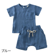 セットアップ 上下 2点セット ベビー キッズ 子供 女の子 男の子 半袖 カットソー Tシャツ ショートパンツ 短パン 胸ポケット バックボタン 無地 シンプル パジャマ ルームウェア 寝間着 寝巻き カジュアル ラウンドネック ウエストゴム プルオーバー トップス ボトムス 子供服