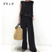 セットアップ 上下セット ブラウス ロングパンツ レディース 女性用 無地 半袖 ノースリーブ ラウンドネック 長ズボン ハイウエスト ゆったり おしゃれ 可愛い カジュアル 通勤 部屋着 お出かけ 旅行 女の子 婦人用 黒 グレー ブラウン
