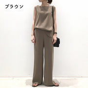 セットアップ 上下セット ブラウス ロングパンツ レディース 女性用 無地 半袖 ノースリーブ ラウンドネック 長ズボン ハイウエスト ゆったり おしゃれ 可愛い カジュアル 通勤 部屋着 お出かけ 旅行 女の子 婦人用 黒 グレー ブラウン