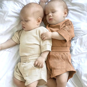 セットアップ 上下セット キッズ 子供服 ベビー 赤ちゃん 子供 男女兼用 半袖 短パン ショートパンツ クルーネック 無地 単色 シンプル ワッフル地 カジュアル