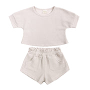 セットアップ 上下セット キッズ 子供服 ベビー 赤ちゃん 子供 男女兼用 半袖 短パン ショートパンツ クルーネック 無地 単色 シンプル ワッフル地 カジュアル