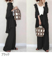 セットアップ 上下セット 2点セット 長袖シャツ ロングシャツ ロングパンツ レディース 女性 婦人服 トップス ボトムス 薄手 前開き 体型カバー 無地 単色 シンプル 上品 きれいめ おしゃれ お出かけ 黒 カーキ 緑